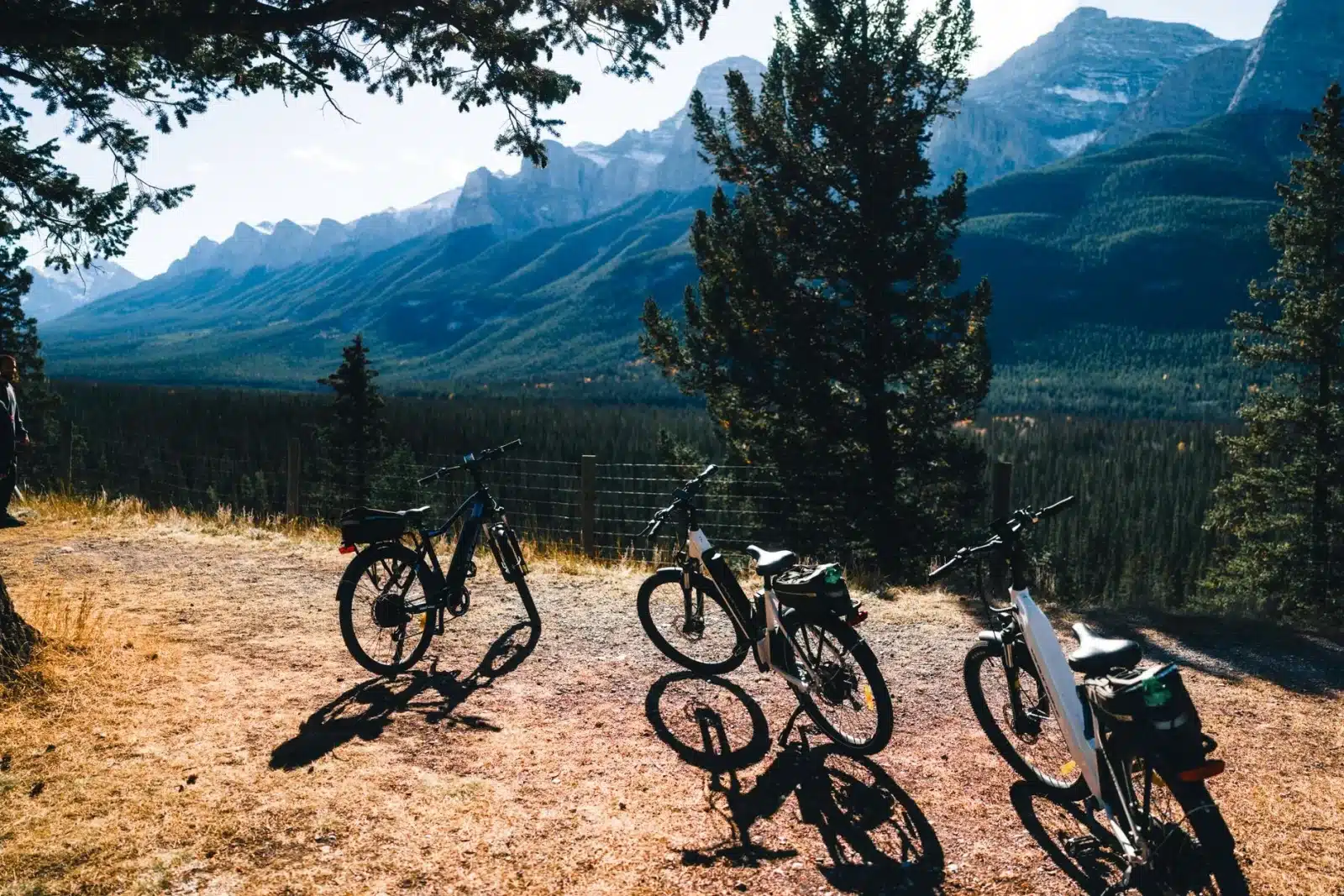 Camping-car stationné en montagne avec des vélos fixés à l'arrière