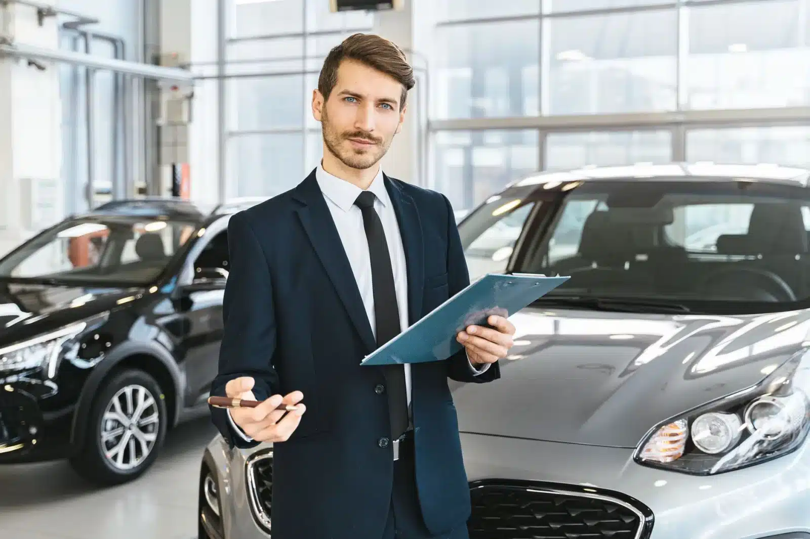 Concessionnaire expliquant une estimation de prix à un client dans un showroom
