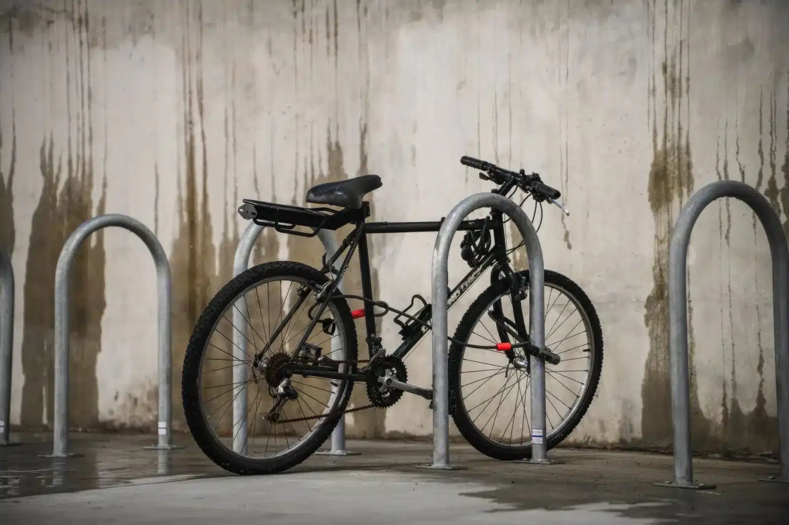 Vélo attaché avec un antivol en U à une rambarde dans la rue