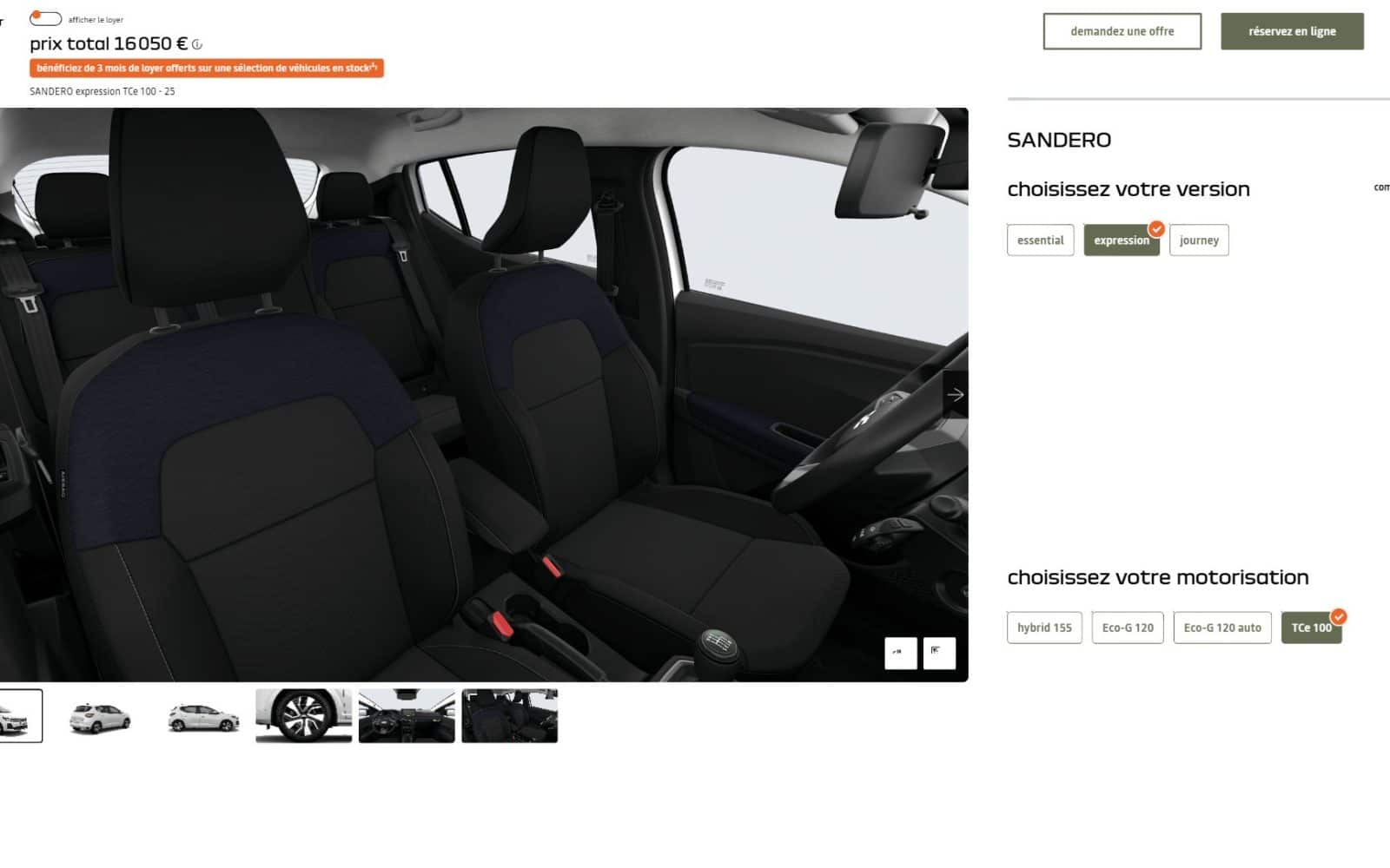 Capture d'écran du configurateur officiel Dacia, Sandero finition expression TCe 100 à 16 050 euros