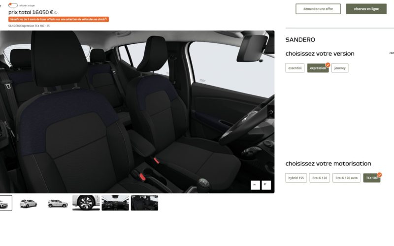 Capture d'écran du configurateur officiel Dacia, Sandero finition expression TCe 100 à 16 050 euros