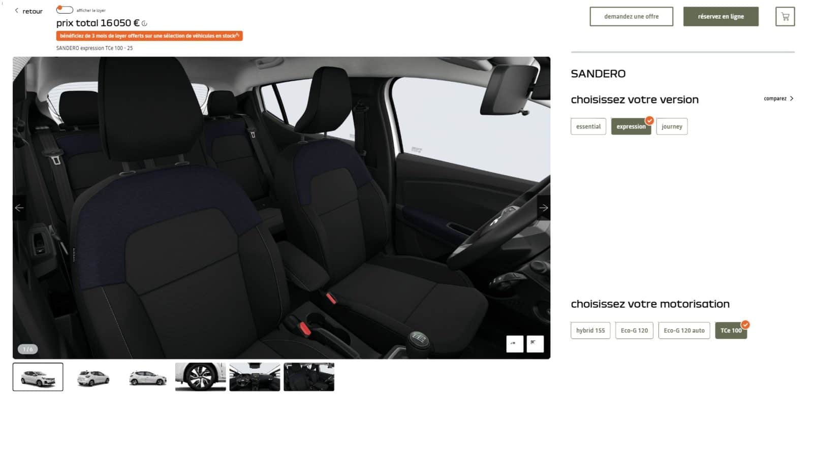 Capture d'écran du configurateur officiel Dacia, Sandero finition expression TCe 100 à 16 050 euros