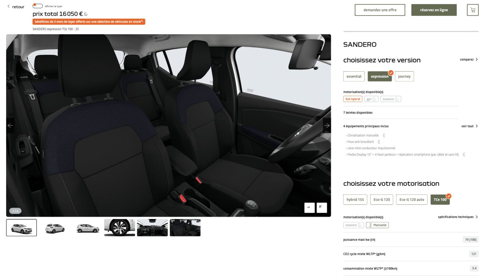 Capture d'écran du configurateur Dacia listant les 4 équipements principaux inclus en finition expression : climatisation manuelle, feux anti-brouillard, lève-vitre conducteur impulsionnel, écran multimédia 10 pouces