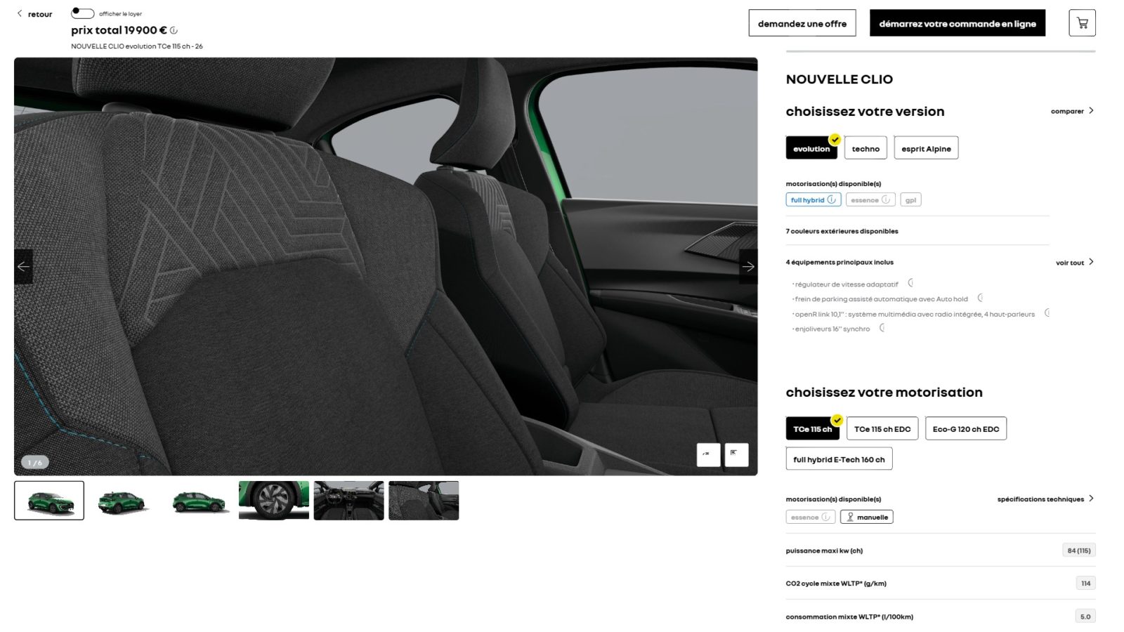 Capture d'écran du configurateur officiel Renault, Clio VI finition evolution TCe 115 ch à 19 900 euros