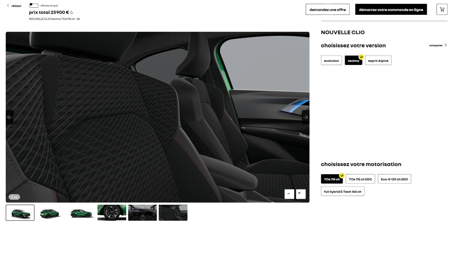 Capture d'écran du configurateur officiel Renault, Clio VI finition techno TCe 115 ch à 23 900 euros